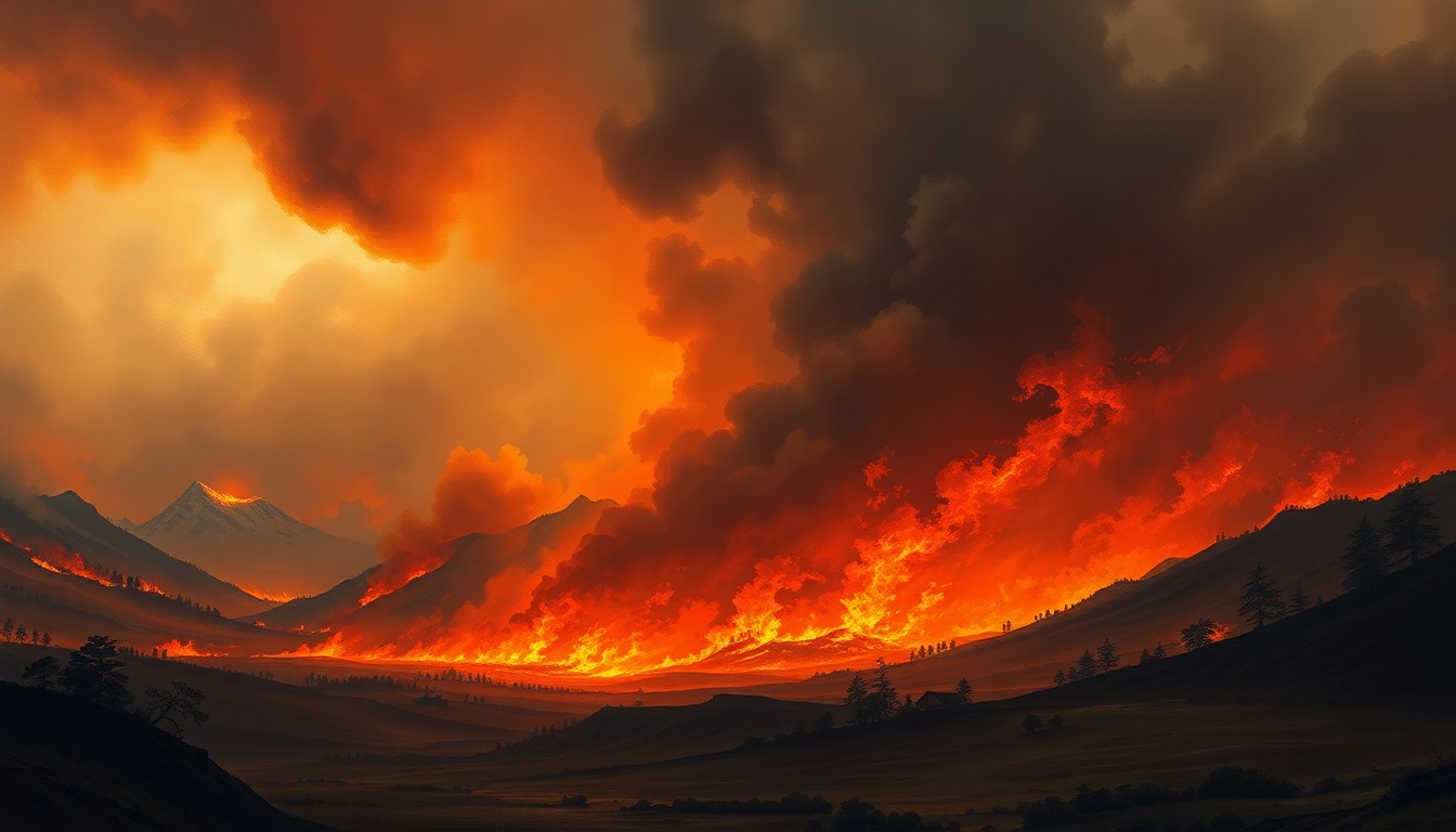 A dramatic landscape painting in the style of Caspar David Friedrich, depicting a distant wildfire consuming the horizon, with the flames and smoke obscuring the details of the surrounding structures and conveying the overwhelming power of the natural disaster.