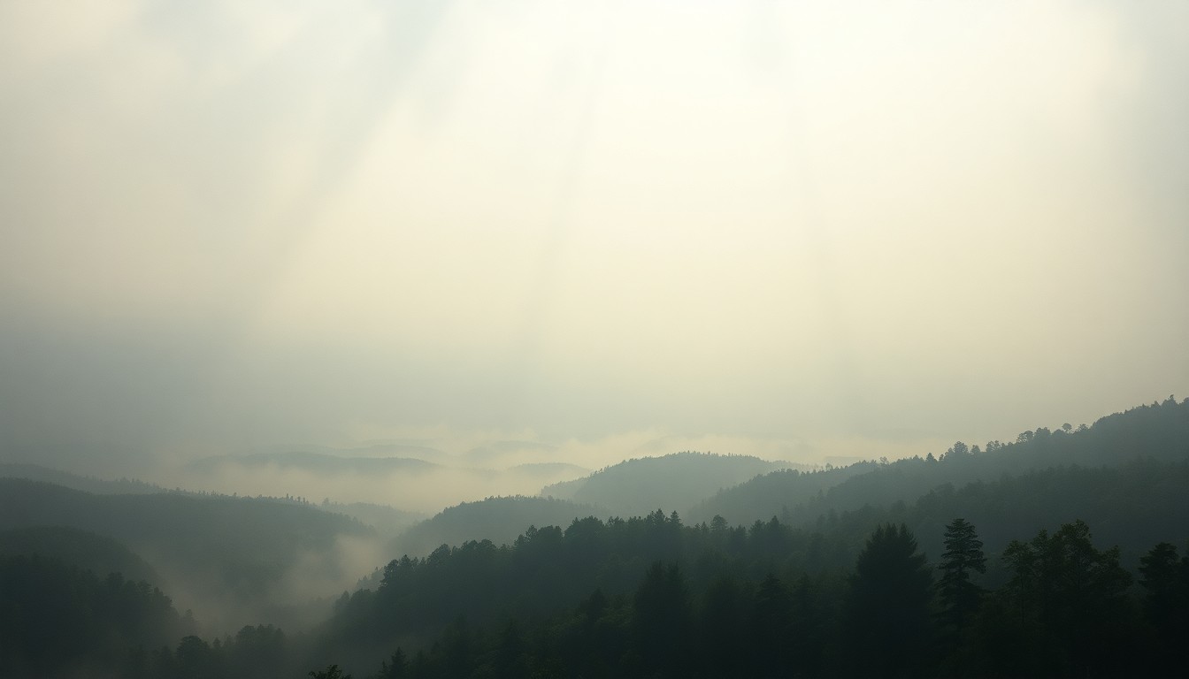 A vast, atmospheric landscape painting in muted tones of gray, blue, and brown, with a hazy, smoky horizon obscuring any distinct details of the natural or built environment. The scene conveys a sense of the overwhelming power and scale of the natural world, dwarfing any human presence.