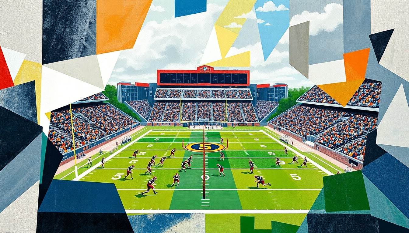 A fractured, multi-angled painting depicting a high school football game, with the players, field, and stadium architecture broken down into sharp, overlapping planes of color and geometric shapes.