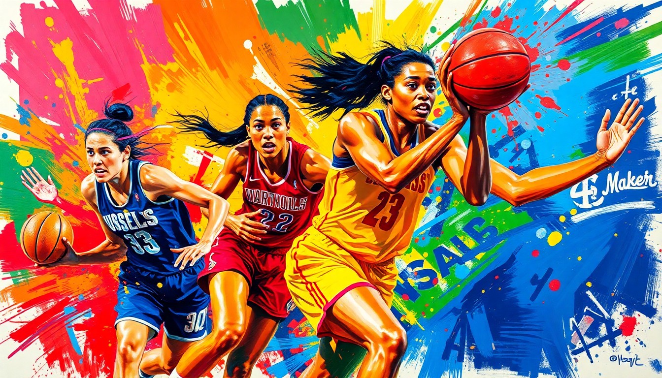 An abstract, expressionist painting featuring dynamic, colorful brushstrokes that capture the energy and passion of women's basketball, representing the transformative impact of Diane Richardson's work in Philadelphia.