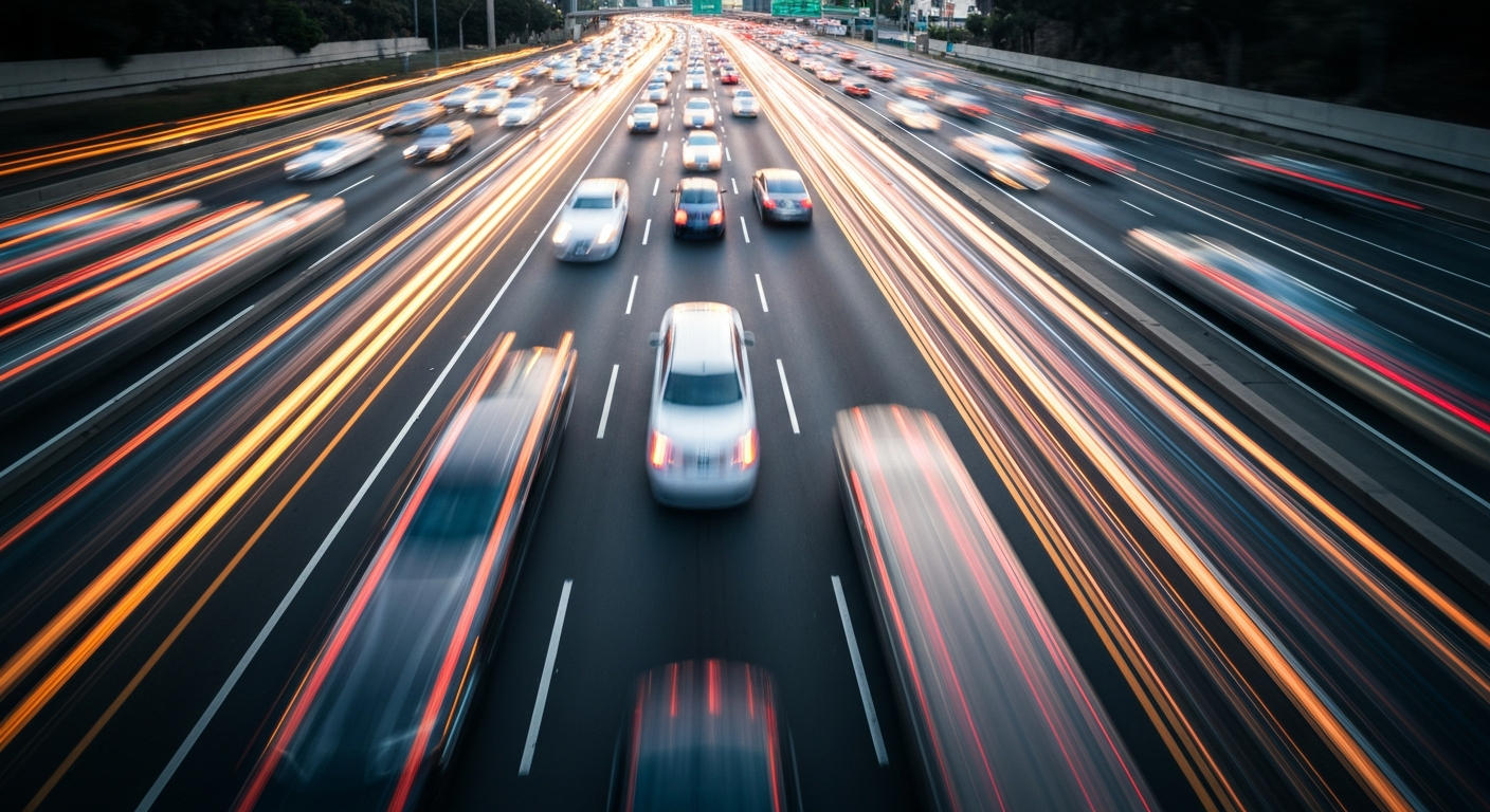 A vibrant, abstract image of a Los Angeles highway captured with a slow shutter speed, creating sweeping streaks of color that convey the speed, congestion, and challenges faced by drivers in the city as gas prices reach record highs.