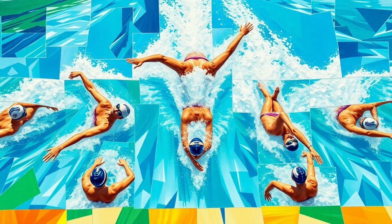 A cubist-style painting depicting a women's swimming competition, with overlapping geometric shapes in shades of blue, green, and white representing the water and the dynamic movements of the swimmers.