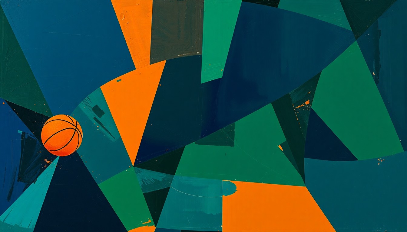 A cubist, geometric painting depicting a fragmented basketball game, with sharp, overlapping planes of navy blue, forest green, and burnt orange, conceptually representing the complex issues surrounding the Jaden Ivey incident.