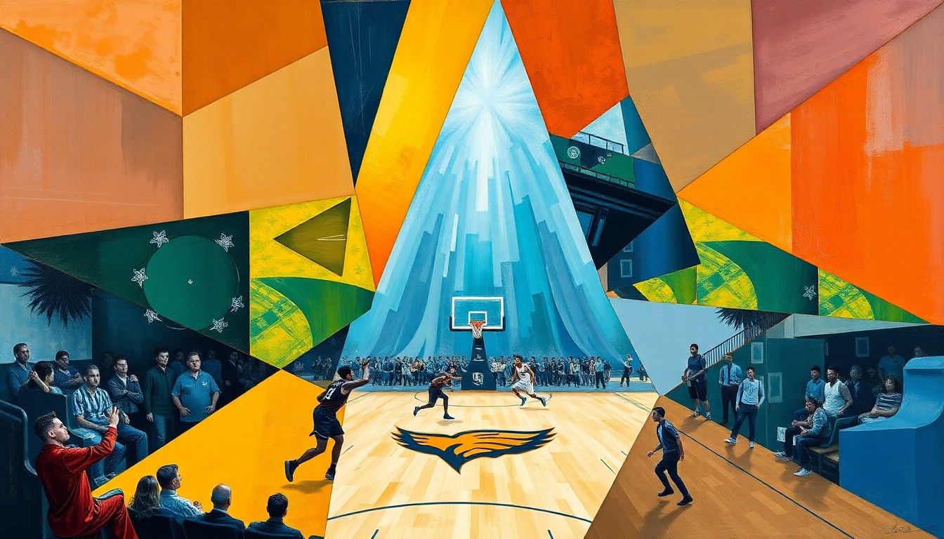 A cubist, geometric painting depicting a WNBA basketball game in motion, with players and the court fragmented into overlapping angular shapes and planes in a vibrant color palette, conceptually representing the complex dynamics and shifting priorities within the Dallas Wings organization.