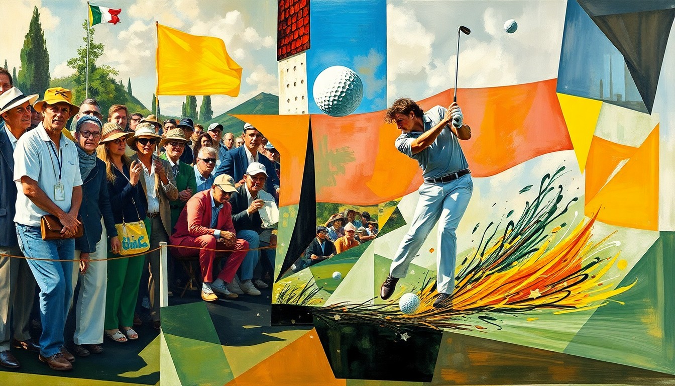 A fractured, geometric painting depicting a golf ball in flight, with the player and spectators broken down into sharp, overlapping planes of color and shape, conceptually representing the complex issues surrounding on-course safety and celebrity athlete interactions at pro-am golf events.
