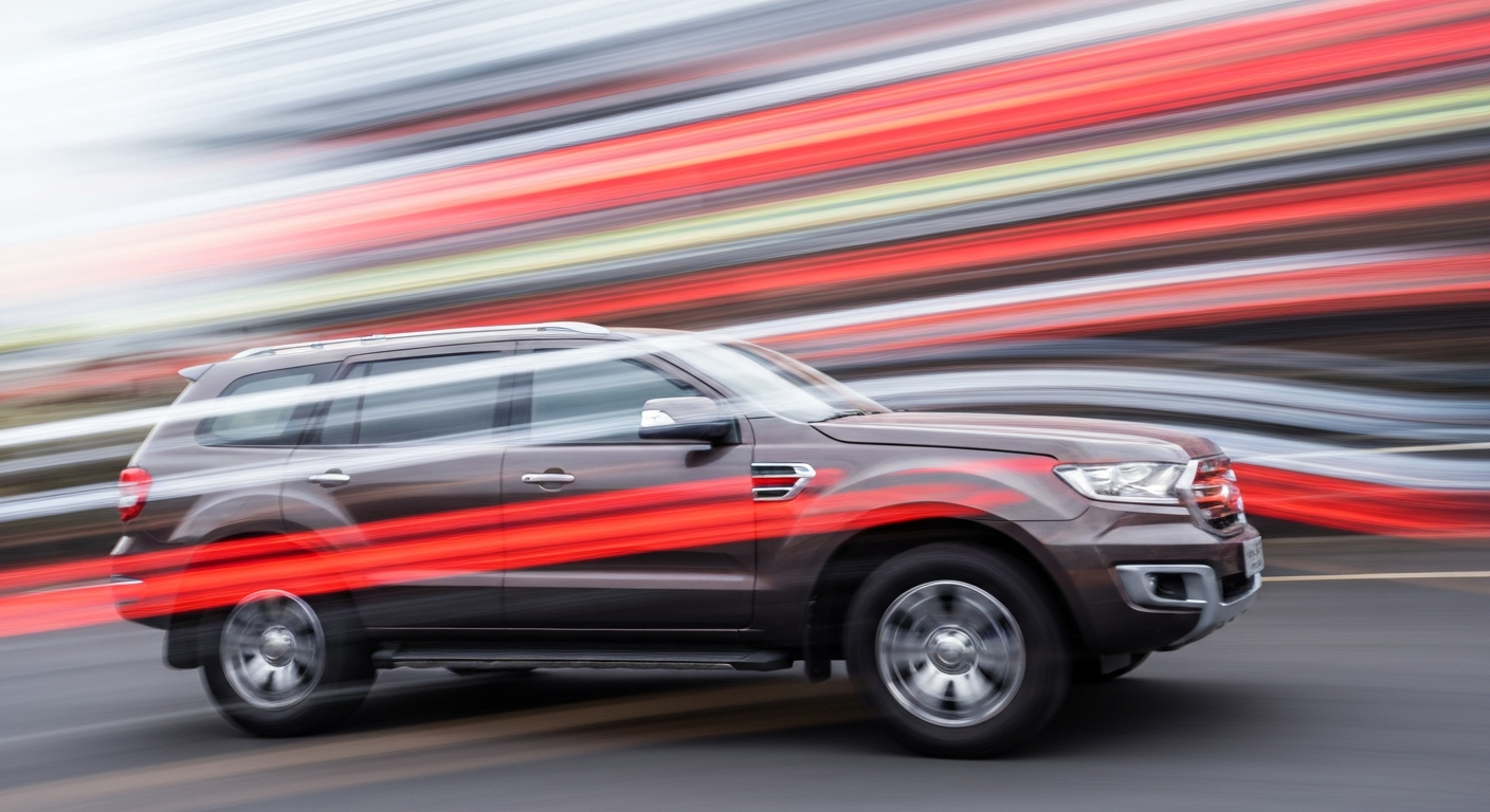 An abstract, colorful image created with a slow shutter speed and panning motion, depicting a Ford Everest SUV as a series of vibrant, blurred streaks, conveying a sense of speed and modern engineering.