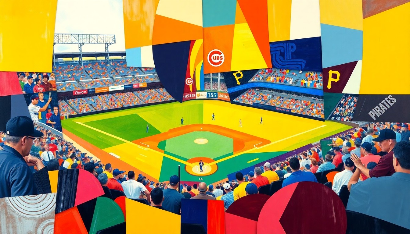A cubist-style painting depicting a baseball game in progress, with the players and field broken down into overlapping geometric shapes and planes in bright, contrasting colors.