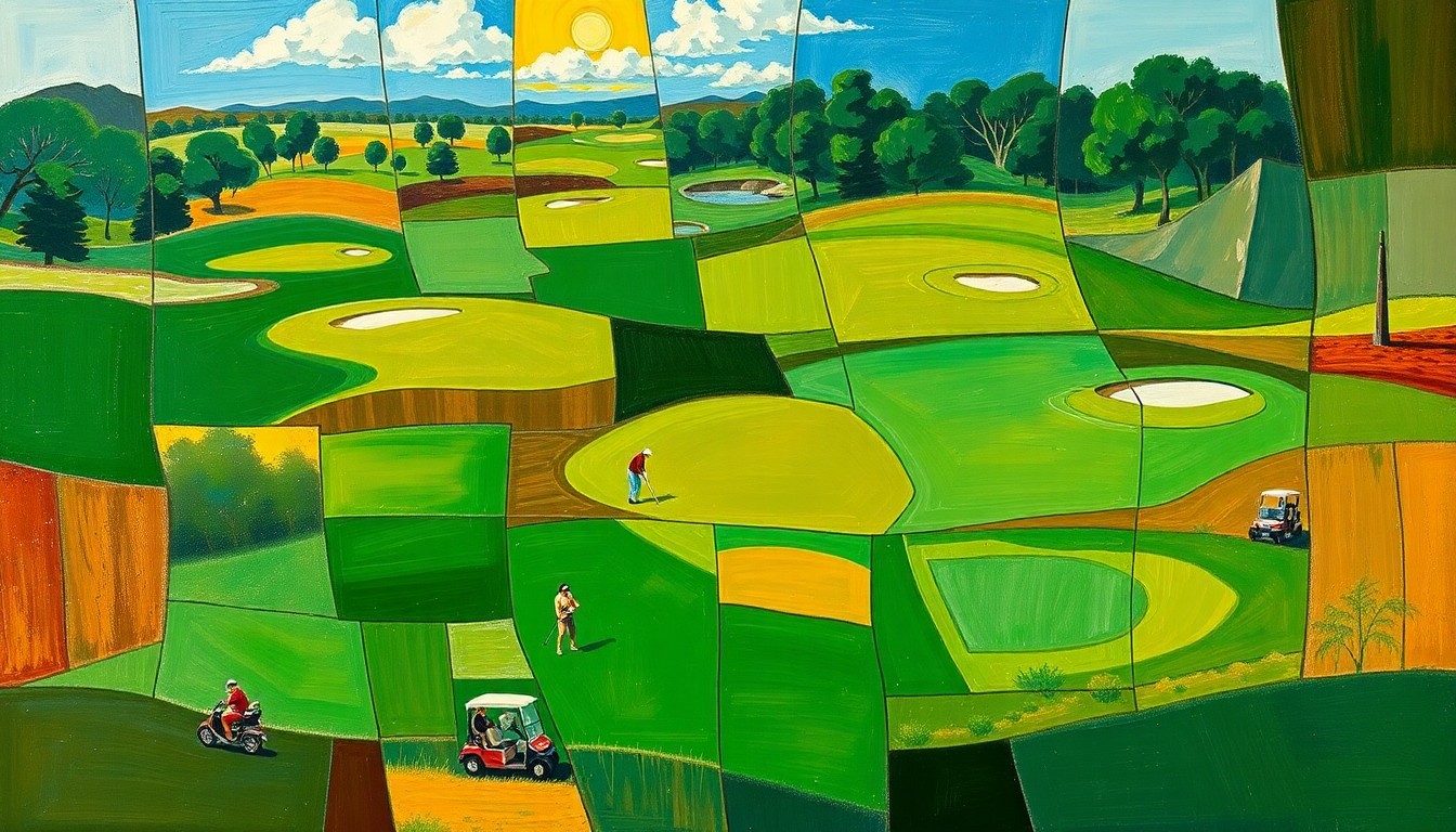 A cubist-style painting depicting a fragmented, geometric scene of a golf course with players, carts, and fairways, conveying the energy and activity of an unusually busy early season.
