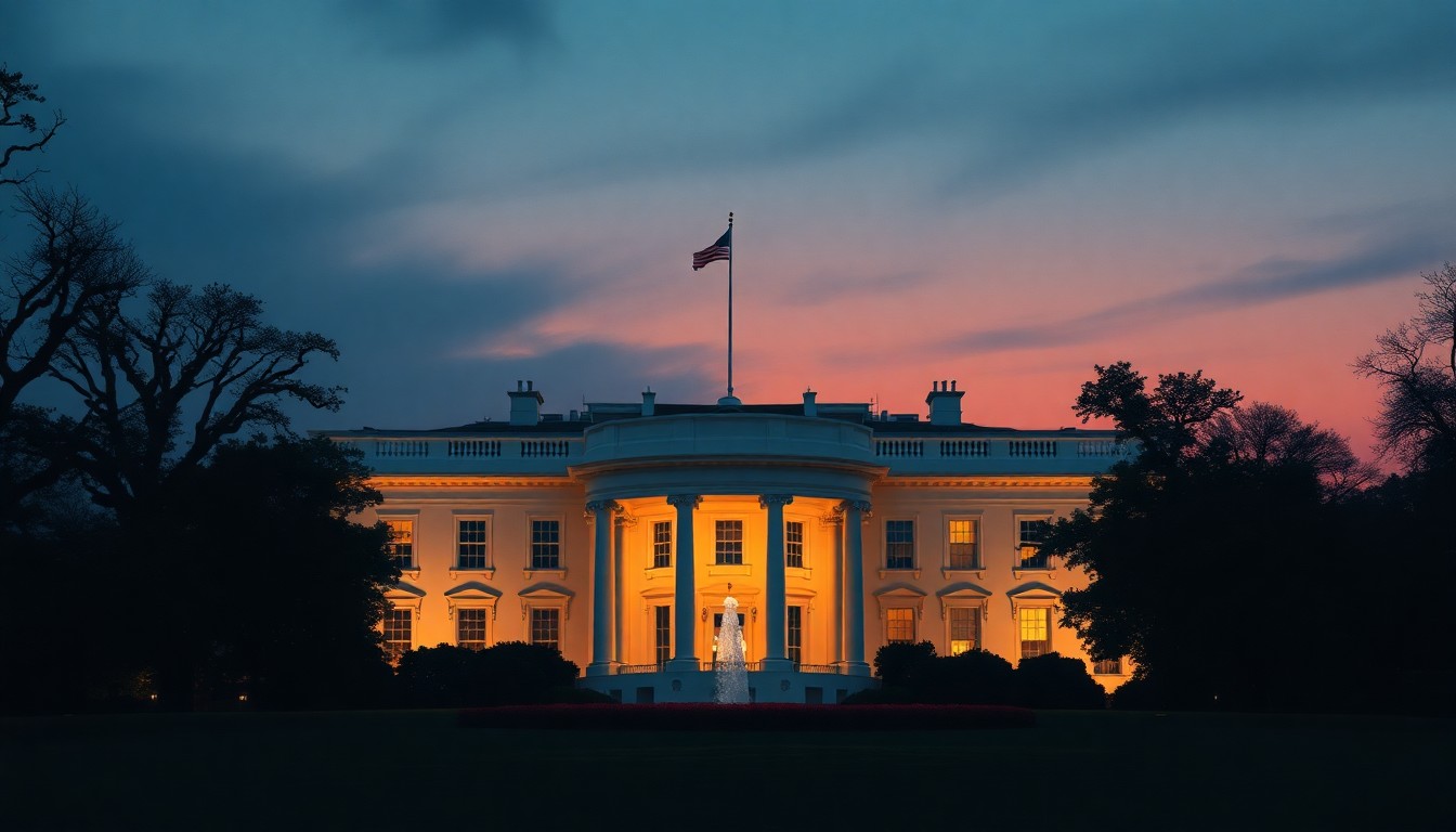 A serene, painterly depiction of the White House South Lawn at dusk, with the iconic building's facade and grounds bathed in warm, golden light and deep shadows, conveying a sense of political and historical significance.