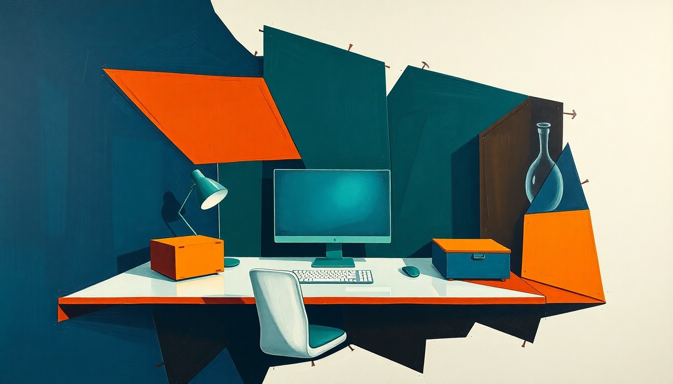A fractured, cubist-style painting depicting the workstation of a social media manager, with various geometric shapes and planes in navy, green, and orange hues overlapping to create a sense of motion and multitasking.