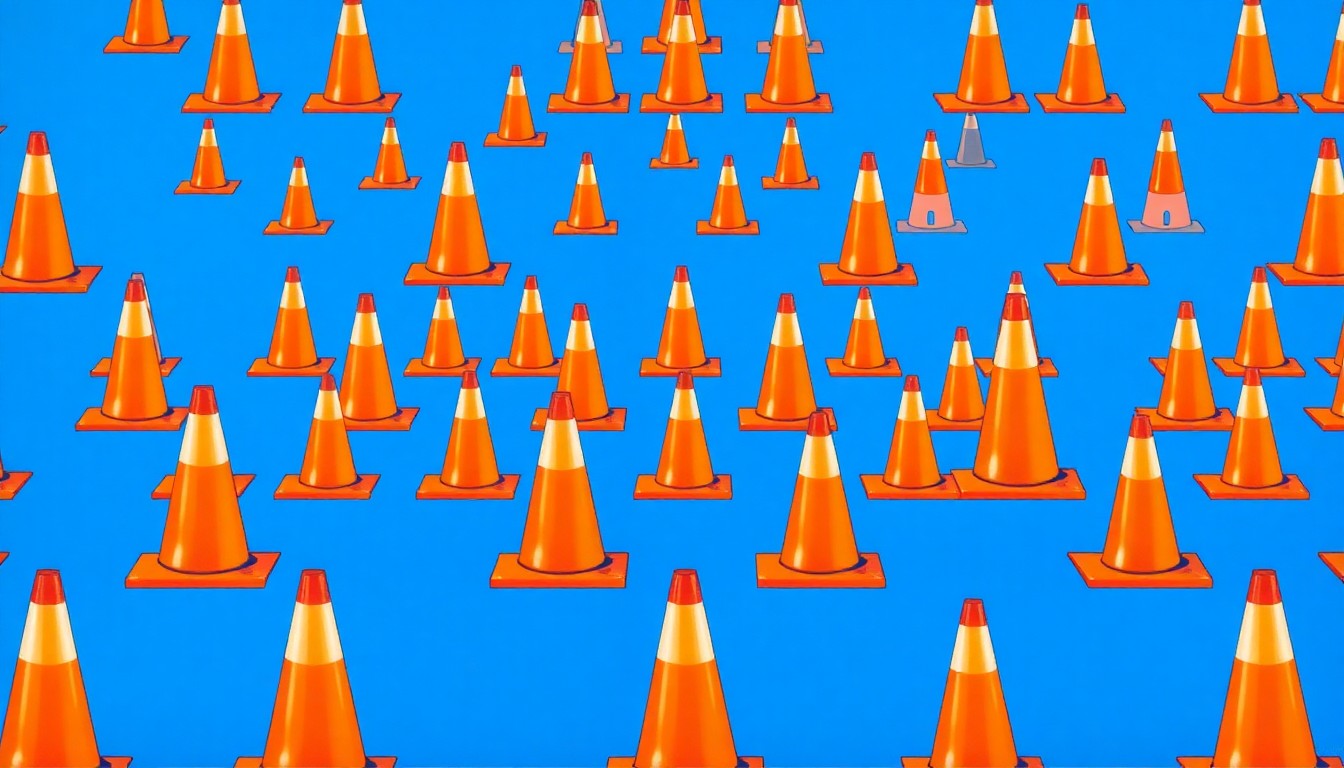 A vibrant, pop art-style grid of bright orange traffic cones, conceptually representing the temporary safety measures implemented by residents on Lewellyn Street to address speeding and traffic issues caused by nearby construction.