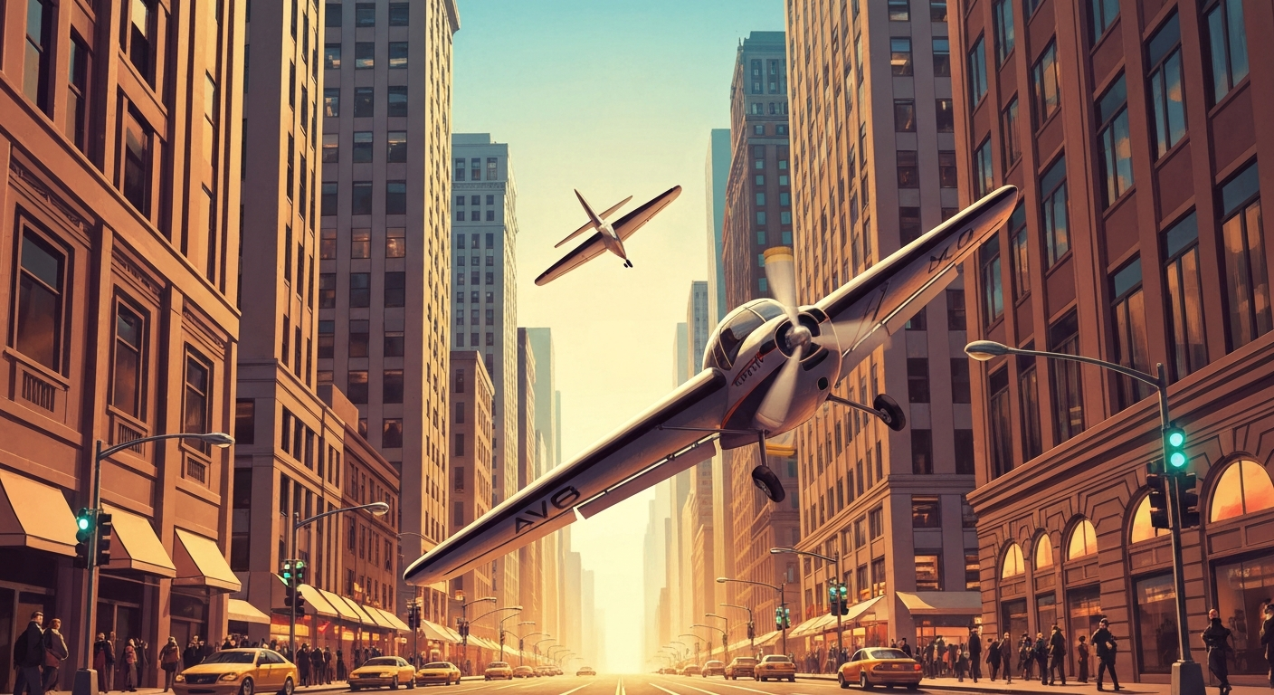 A highly stylized, geometric illustration depicting the dramatic scale and tension of a small aircraft making an emergency landing on an urban city street, with towering skyscrapers and smooth, airbrushed gradients in the background.