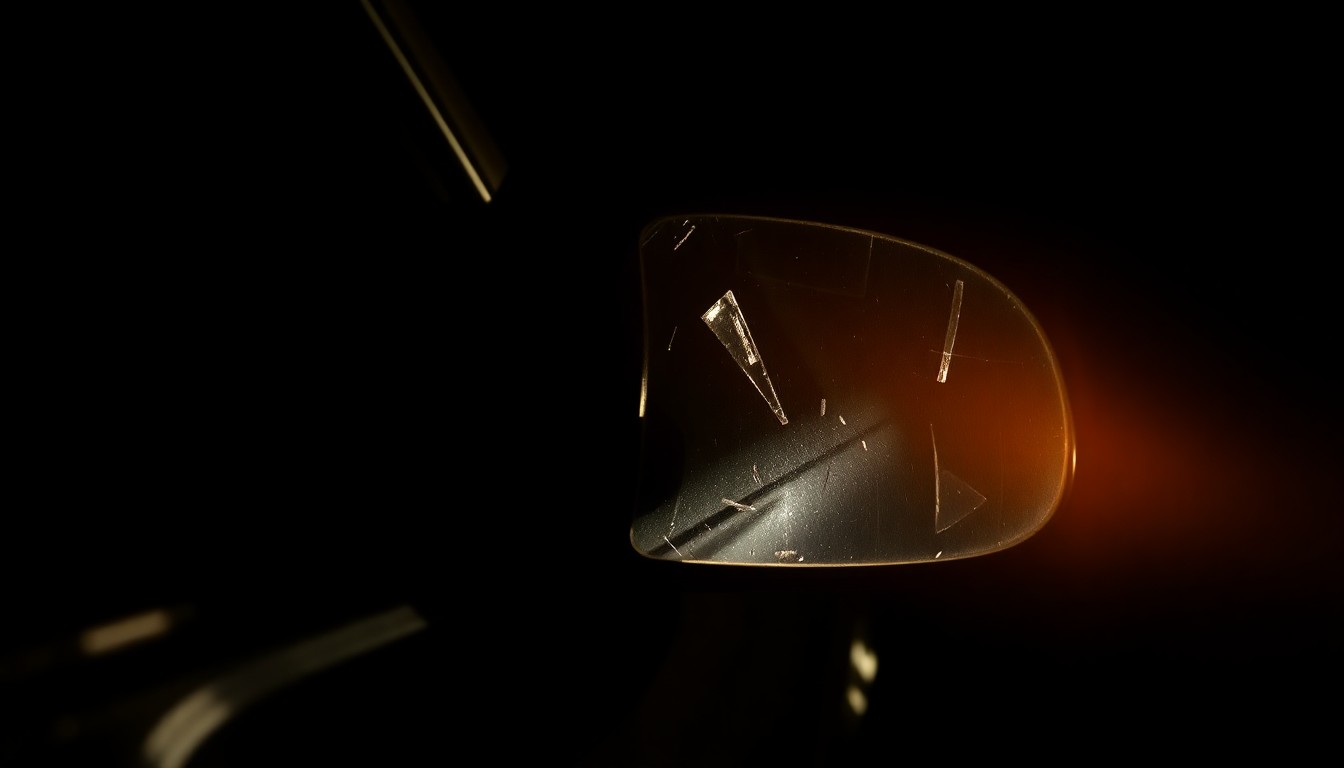An extreme close-up of a damaged car side mirror, the harsh flash illuminating the gritty, textured surface and conveying a sense of the sudden, investigative nature of this crime scene.