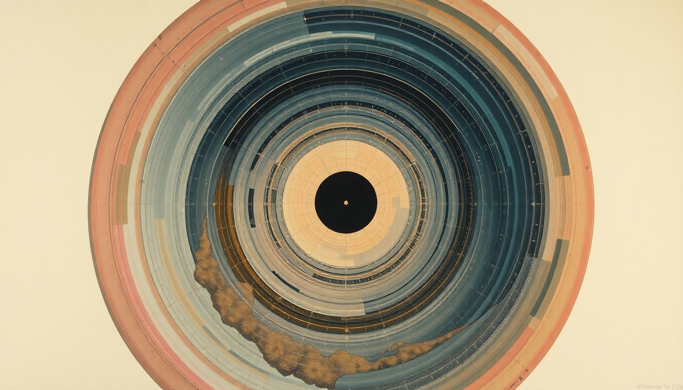 A highly structured abstract painting in soft, flat colors featuring sweeping geometric arcs, concentric planetary circles, and precise botanical or physical spirals, conceptually representing the complex technological and organizational foundations required for sustainable space exploration.