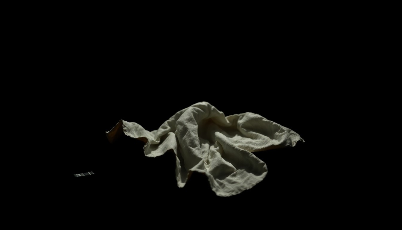 An extreme close-up photograph of a crumpled piece of clothing or a discarded personal item, capturing the gritty, investigative nature of the crime through dramatic lighting and stark contrast.