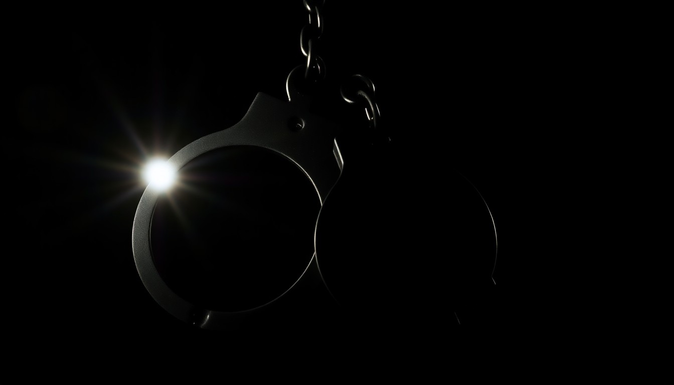 An extreme close-up photograph of a pair of handcuffs against a pitch-black background, lit by a harsh, direct camera flash, conveying a stark, gritty, investigative aesthetic without depicting any violence or victims.