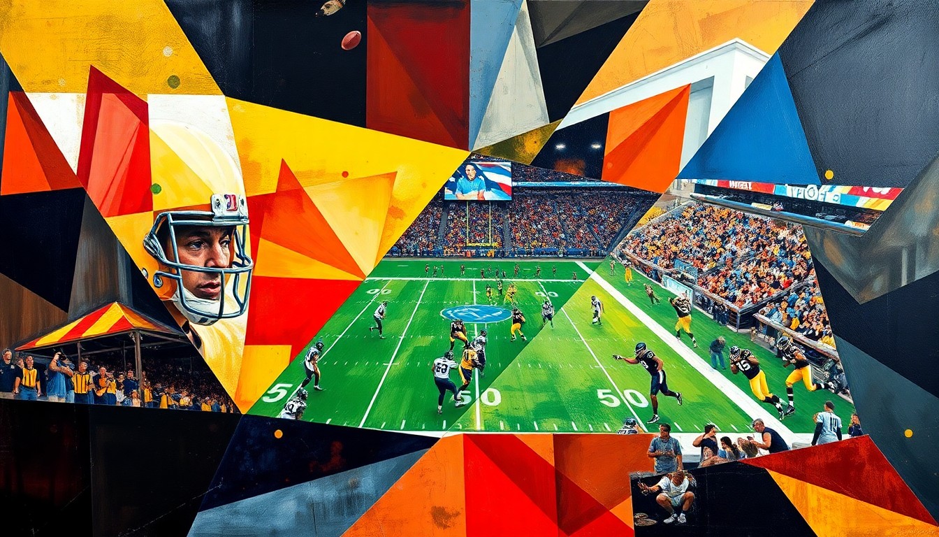 A cubist-style painting featuring fragmented, overlapping geometric shapes and planes of color that represent the dynamic action and energy of an NFL football game.