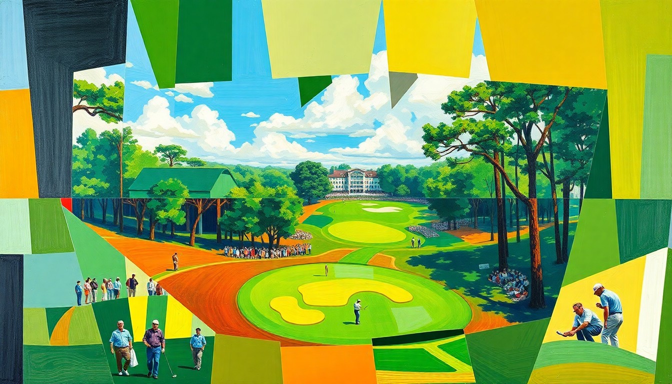 A cubist, geometric painting depicting a fragmented, multi-perspective scene of a golf tournament, with sharp planes of vibrant green, blue, and gold colors representing the lush Augusta National course.