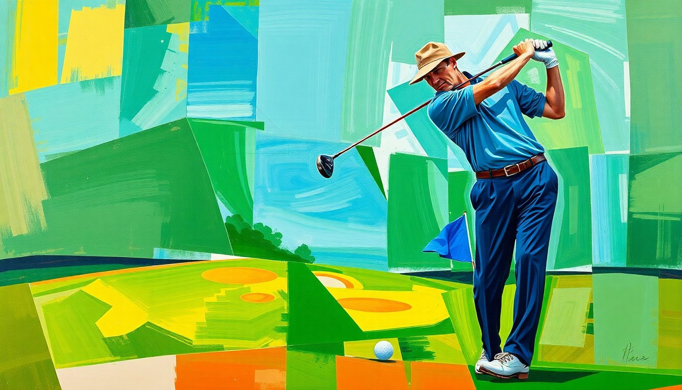 A fractured, geometric painting depicting a golfer's swing and a caddie standing nearby, the figures broken down into sharp, overlapping planes of color that convey the dynamic relationship between the two.