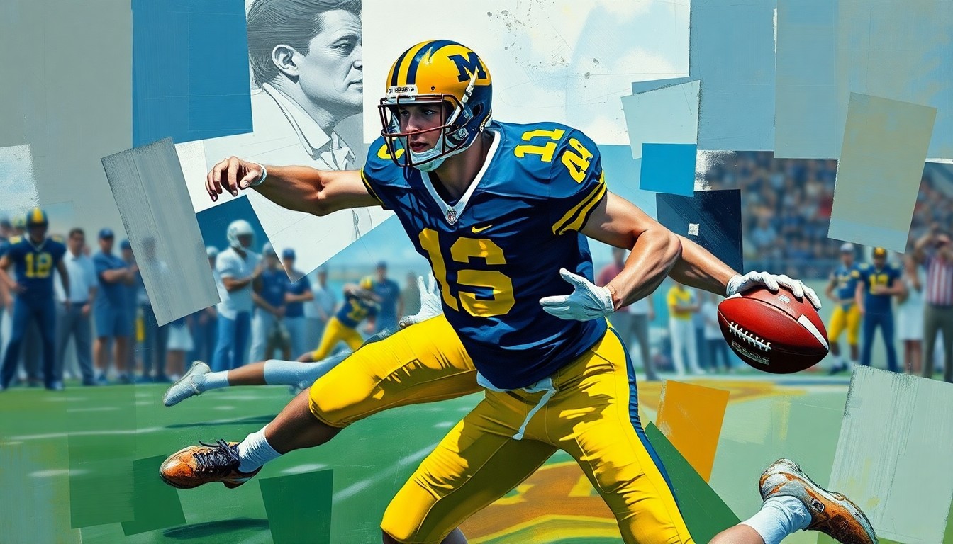 A fragmented, cubist-style painting depicting a Michigan football player making a defensive play, with sharp, overlapping geometric shapes and planes representing the dynamic action.