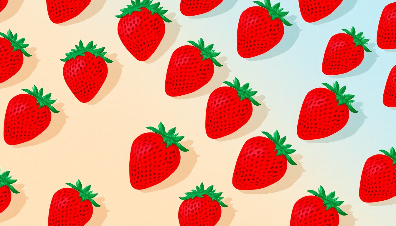 A bold, graphic illustration composed of repeating silkscreen-style images of a single bright red strawberry against a backdrop of neon colors, conceptually representing the energy and festive atmosphere of a community harvest celebration.