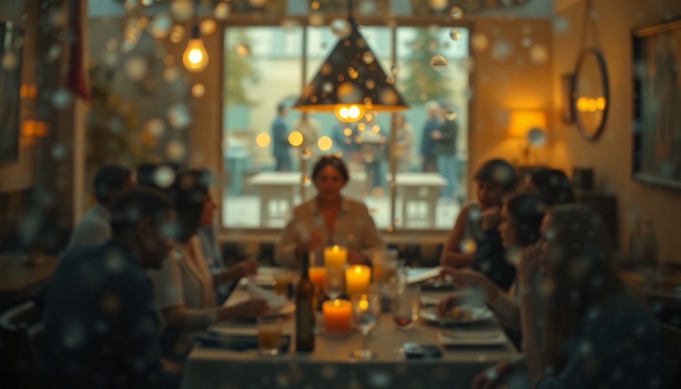 An extremely blurred, impressionistic scene of people gathered around a table, their faces and forms obscured in a hazy, dreamlike atmosphere of warm, glowing light.