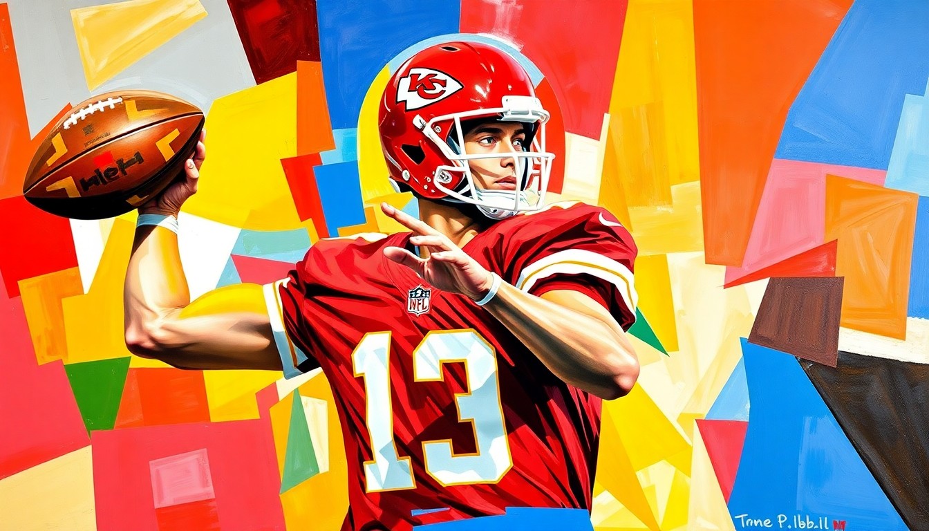 A cubist, geometric painting depicting a quarterback in motion, with the player's body and the football broken down into overlapping planes of red, gold, and other vibrant colors, conceptually representing the dynamic energy of an NFL quarterback's play.