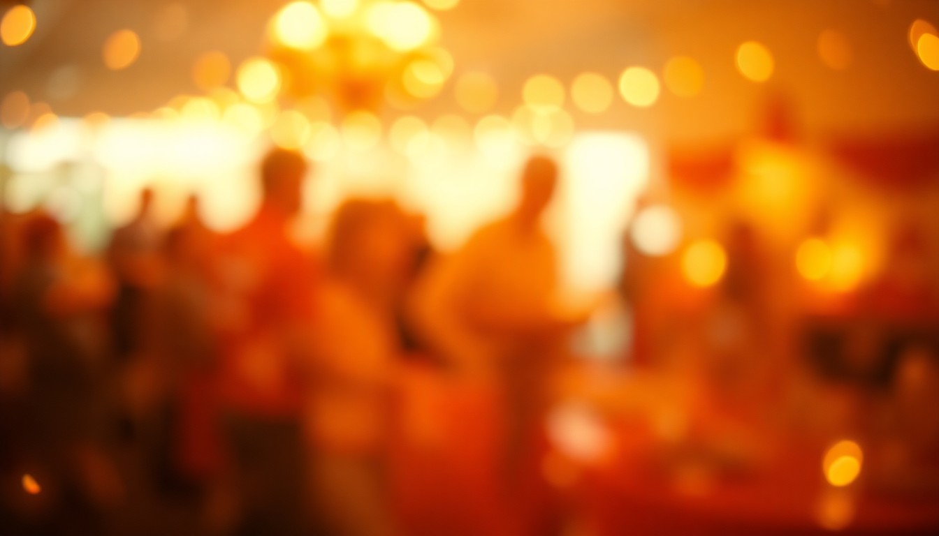An abstract, out-of-focus photograph in warm tones depicting the blurred silhouettes of families gathering for an Easter celebration in a small town, with soft pools of light and color.