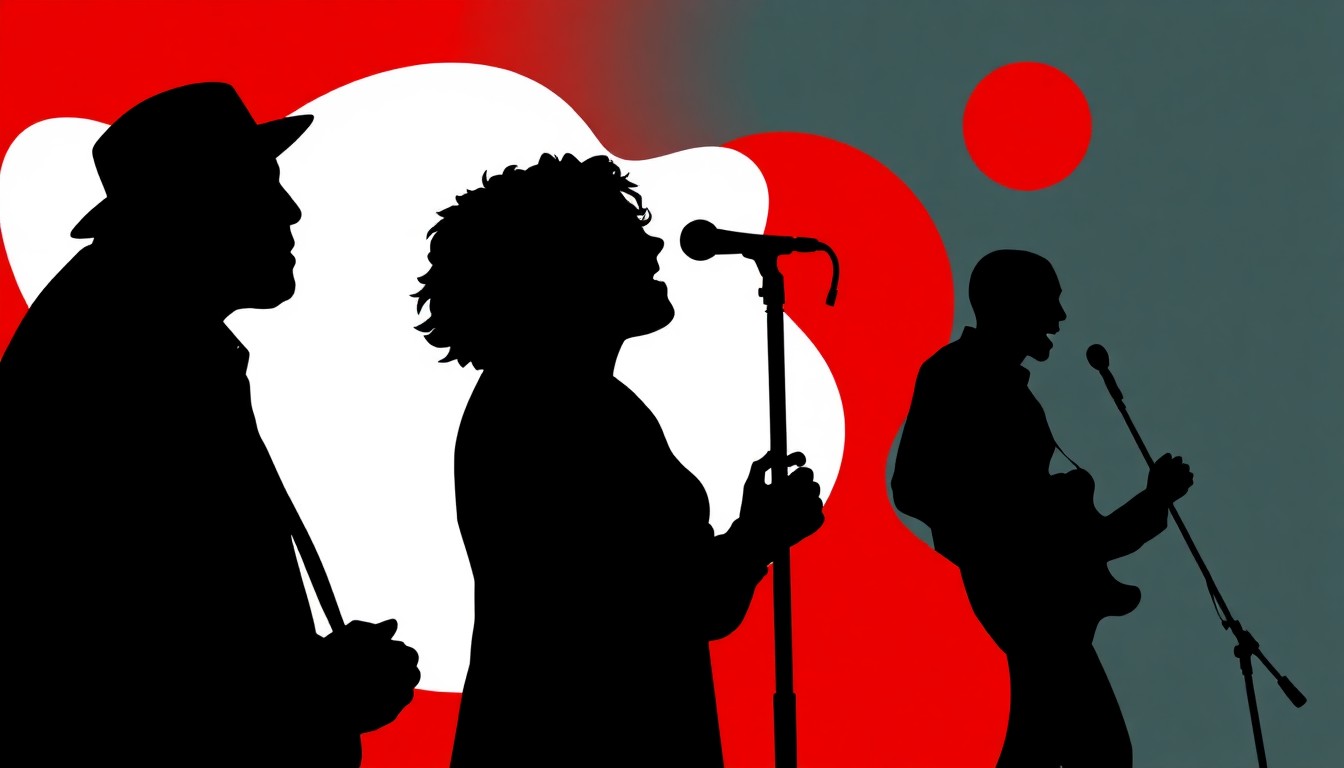 An abstract, minimalist illustration featuring bold black silhouettes and high-contrast red and white geometric shapes, capturing the energy and artistry of a jazz vocal performance.