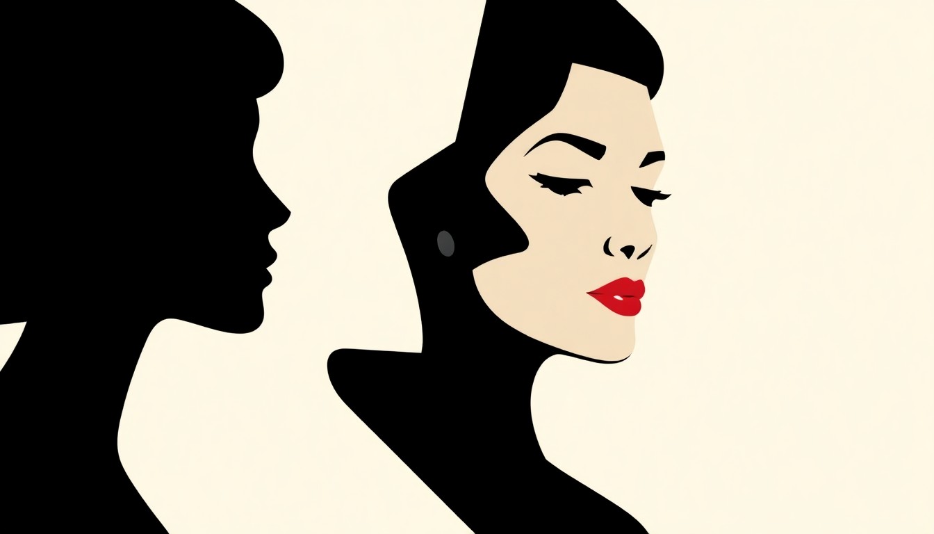 An abstract, minimalist composition featuring stark, jagged geometric shapes in high-contrast red and white, conceptually representing the themes of beauty, aging, and identity explored in the one-woman show 'Notes on Collagen.'