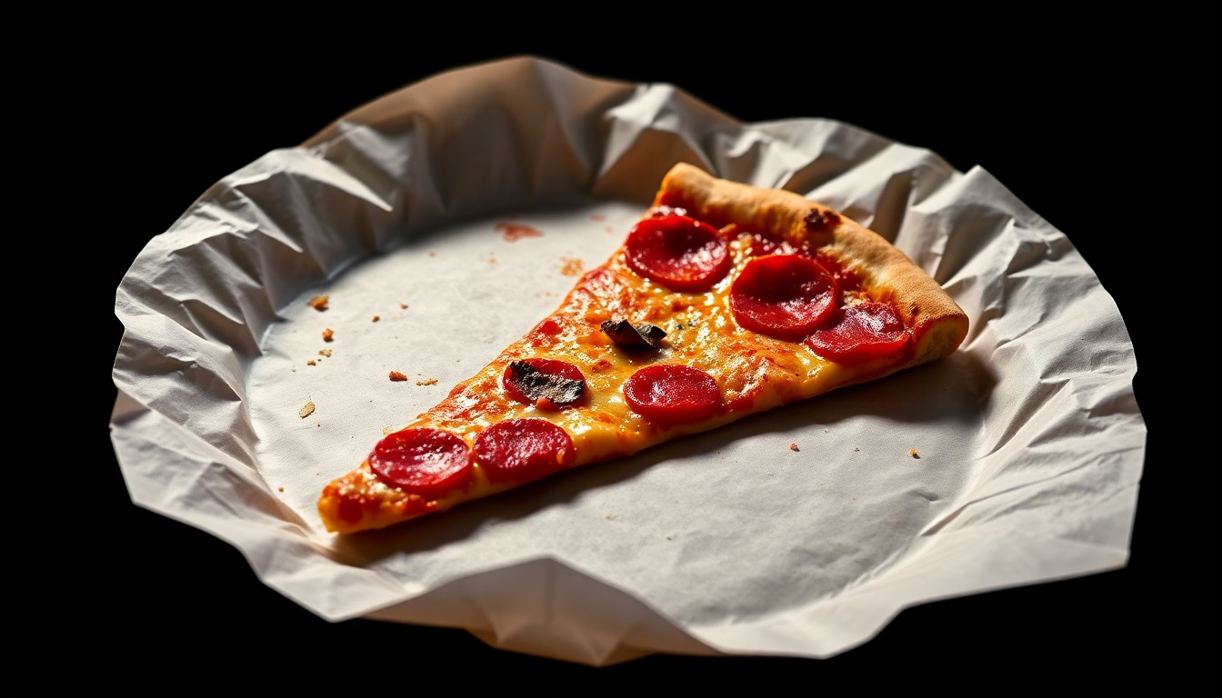 An abstract close-up photograph of a crumpled, greasy paper plate holding a single slice of pizza, shot in dramatic high-contrast lighting to create a glamorous, high-fashion aesthetic.