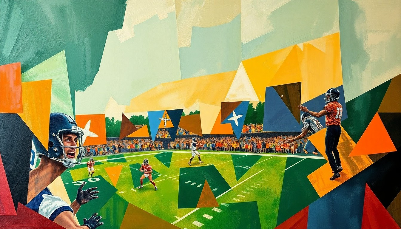 A fragmented, geometric painting depicting the action and energy of a high school football game, with sharp planes of deep green, orange, and blue hues.
