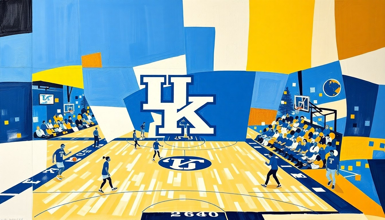 A cubist, geometric painting depicting a fragmented, multi-angled view of a Kentucky basketball game or practice, with sharp planes of blue, white, and gold representing the team's colors and energy.