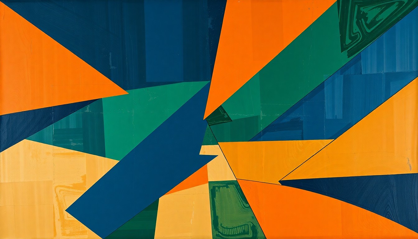 A cubist-style painting featuring overlapping geometric shapes in shades of blue, green, and orange, representing the dynamic and multifaceted nature of a basketball game.