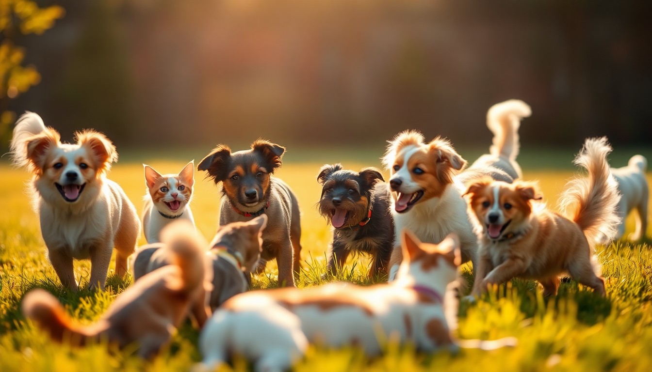 An abstract, out-of-focus photograph of several dogs and cats playing together in a grassy outdoor setting, with soft, warm pools of light and color creating a serene, dreamlike atmosphere.