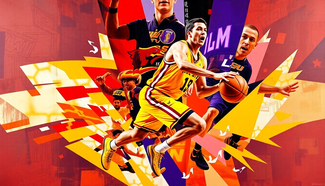 A cubist, geometric painting depicting the dynamic movements of a basketball player, with vibrant colors representing the team colors of Iowa State and LSU.
