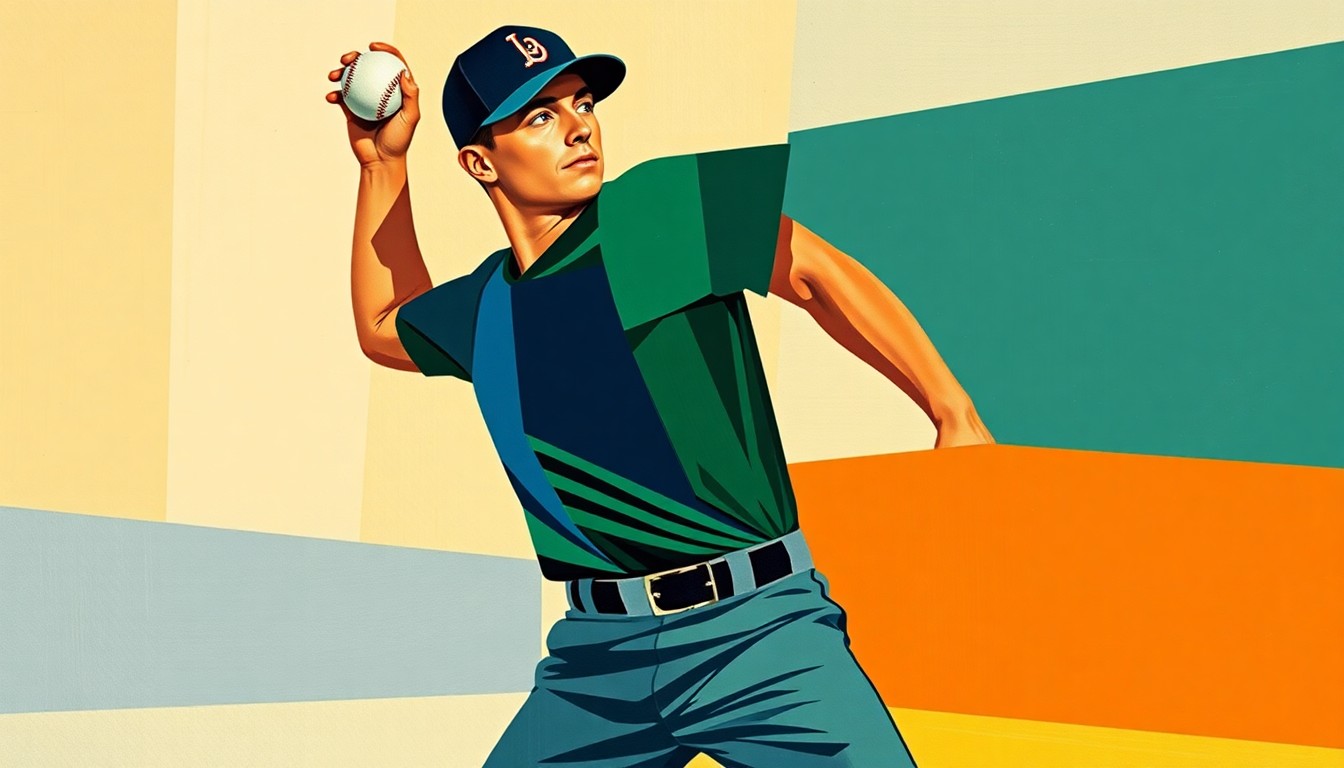 A cubist-style painting depicting a baseball pitcher in the middle of their throwing motion, with the player's body and the ball deconstructed into sharp, overlapping geometric planes in shades of navy blue, forest green, and burnt orange.