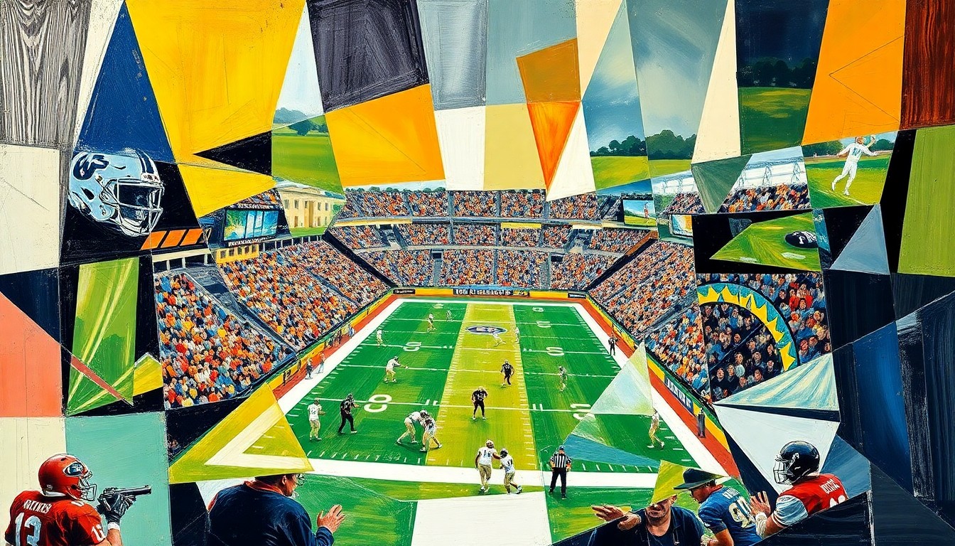 A cubist, geometric painting depicting a fragmented, multi-angle view of a college football game, with players and field elements broken down into sharp, overlapping planes of color and shape.