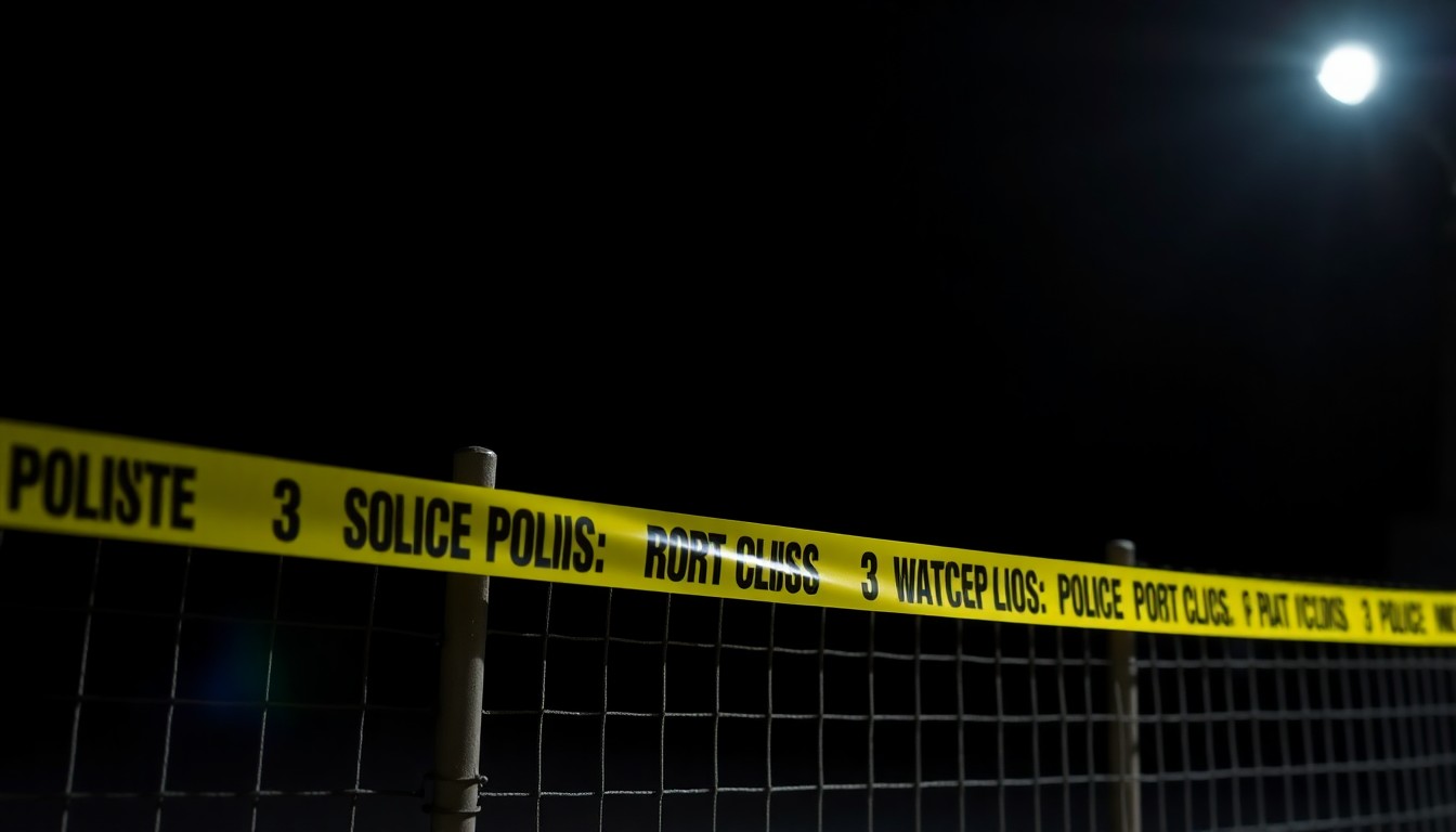 An extreme close-up photograph of police barricades and caution tape, creating a stark, gritty, investigative aesthetic through the use of harsh, direct lighting and a pitch-black background, conceptually representing the urgent response to an unspecified incident on Omaha's roads.