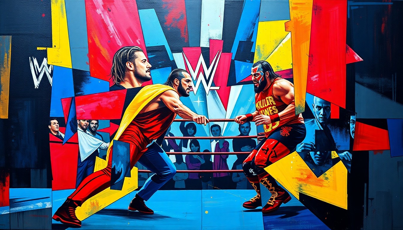 A fragmented, geometric painting depicting a WWE wrestling match, with sharp planes of color and overlapping perspectives, conveying the dynamic and unpredictable nature of the sport.
