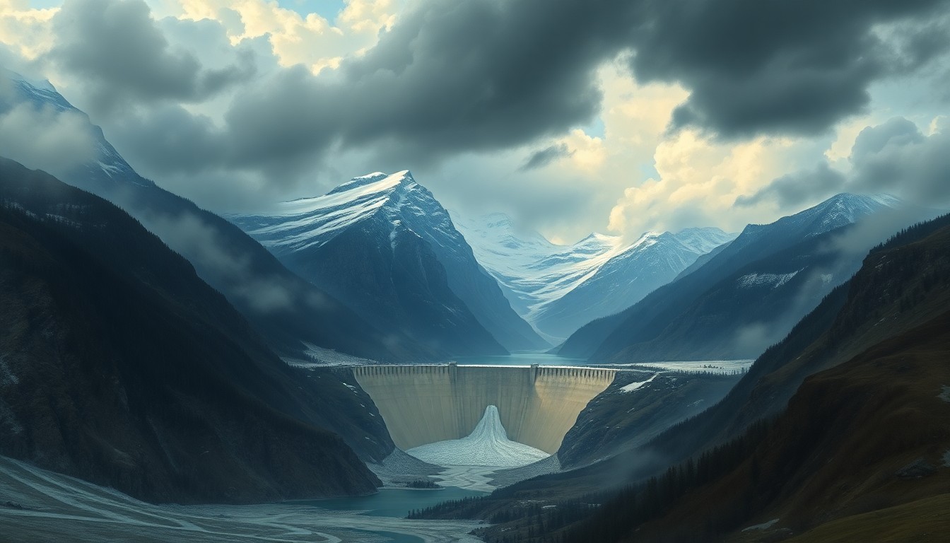 A sweeping, atmospheric landscape painting depicting a massive dam structure dwarfed by the overwhelming scale of the natural environment, with dramatic clouds and lighting conveying the sense of the sublime power of nature.