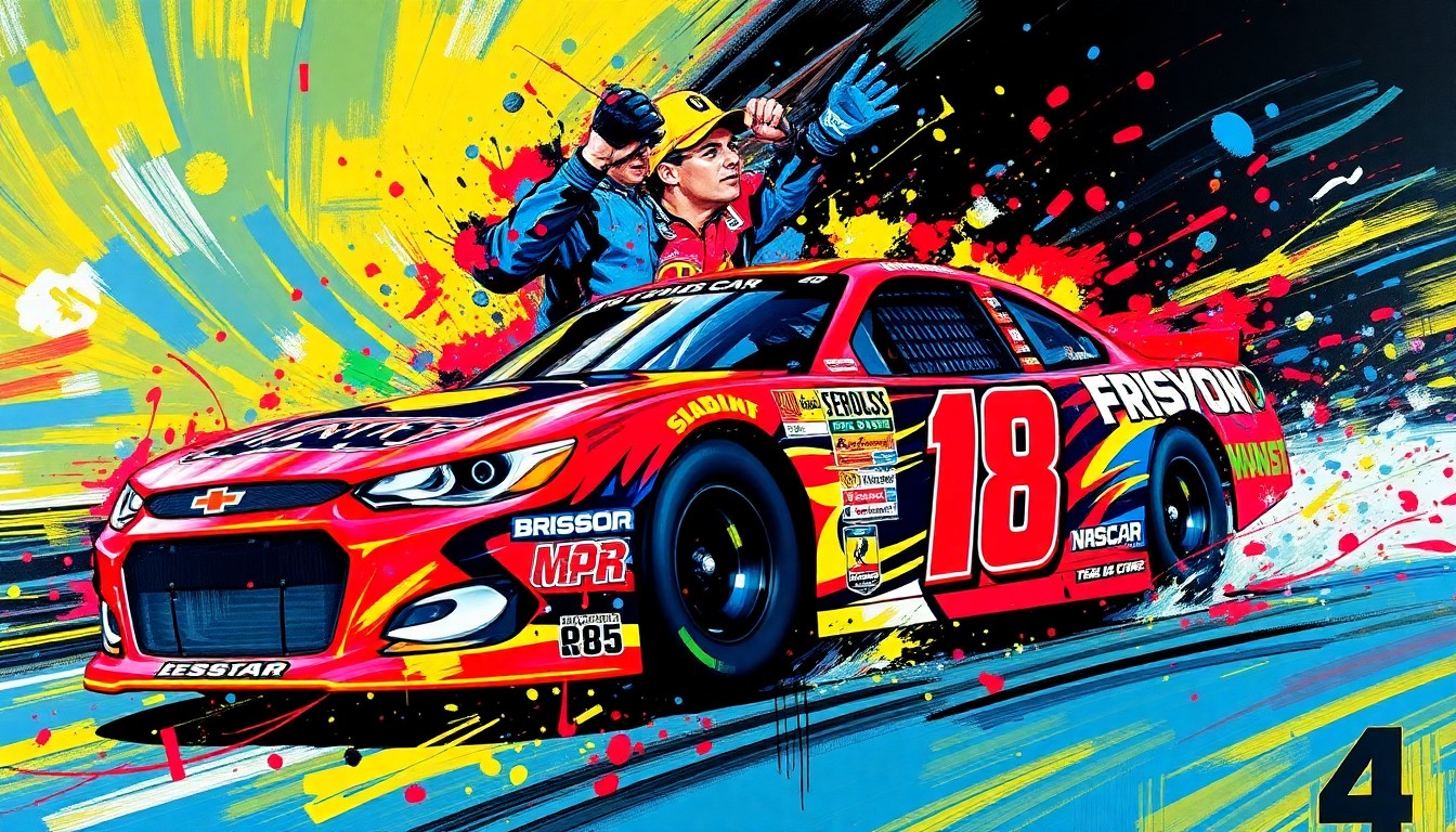 An abstract, expressionist painting in vibrant neon colors depicting the dynamic motion and energy of a stock car racing on the track, with the driver's face and car details dissolving into unrecognizable brushstrokes.