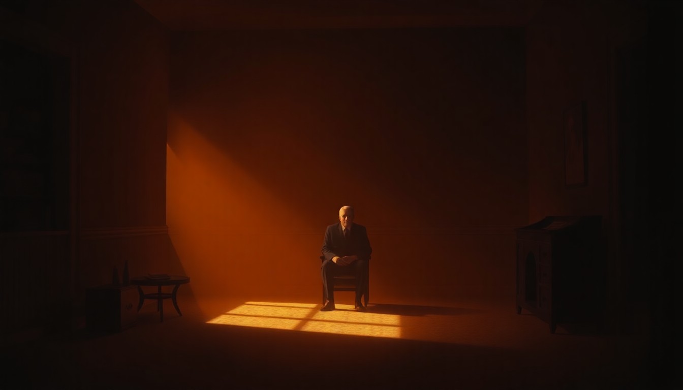 A cinematic painting of a solitary figure sitting alone in a dimly lit room, bathed in warm, diagonal sunlight and deep shadows, conceptually representing the public's interest in the former president's health and the White House's efforts to maintain control over the narrative.