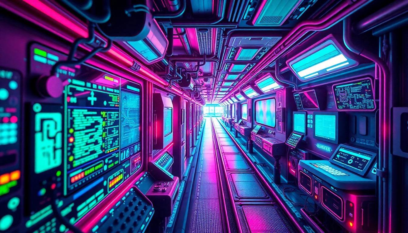 A highly detailed, glowing 3D macro illustration of a futuristic train control system, with illuminated circuit boards, fiber optic cables, and other digital infrastructure components in a palette of neon cyan, magenta, and electric blue, conceptually representing the technological advancements that will improve the reliability and safety of the Bay Area's public transit system.