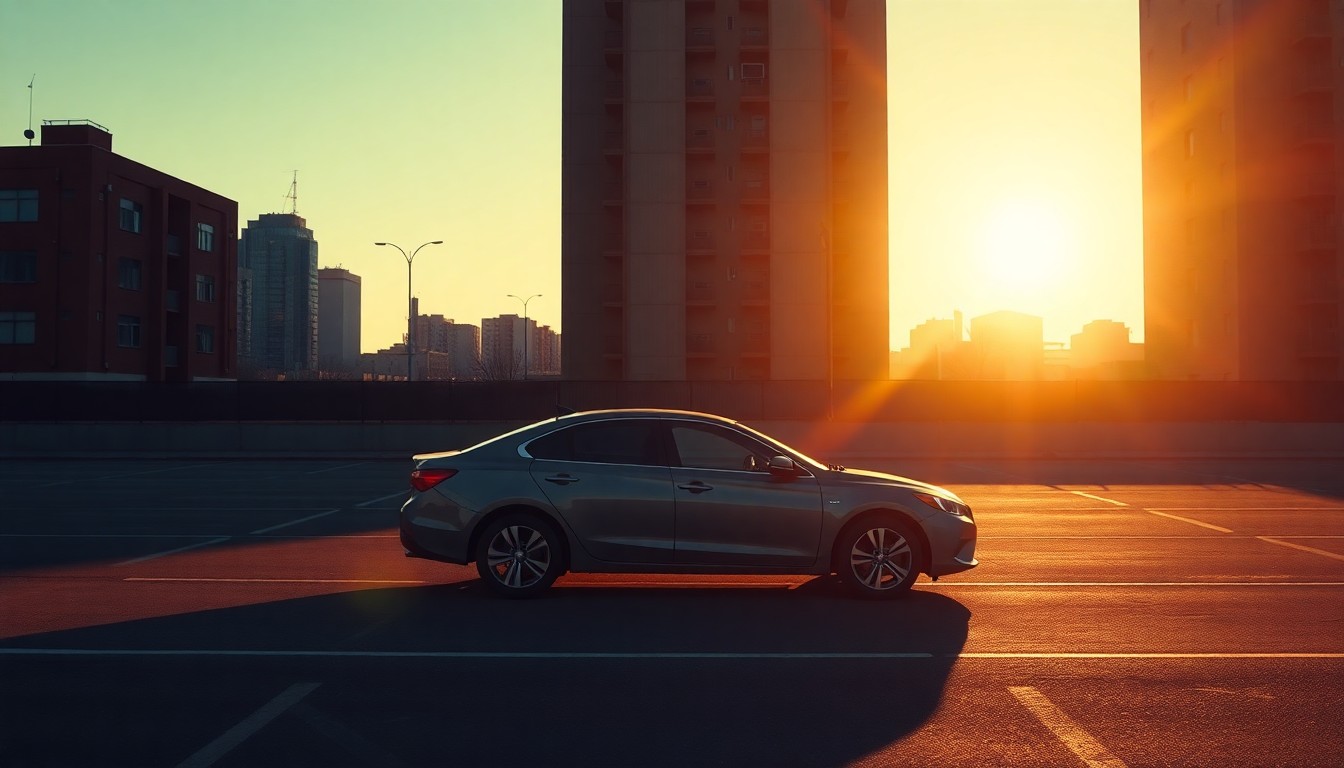 A photorealistic painting of a solitary car parked in an empty urban lot, with warm diagonal sunlight and deep shadows creating a cinematic, nostalgic mood that conceptually represents the private, isolated nature of the alleged misconduct.