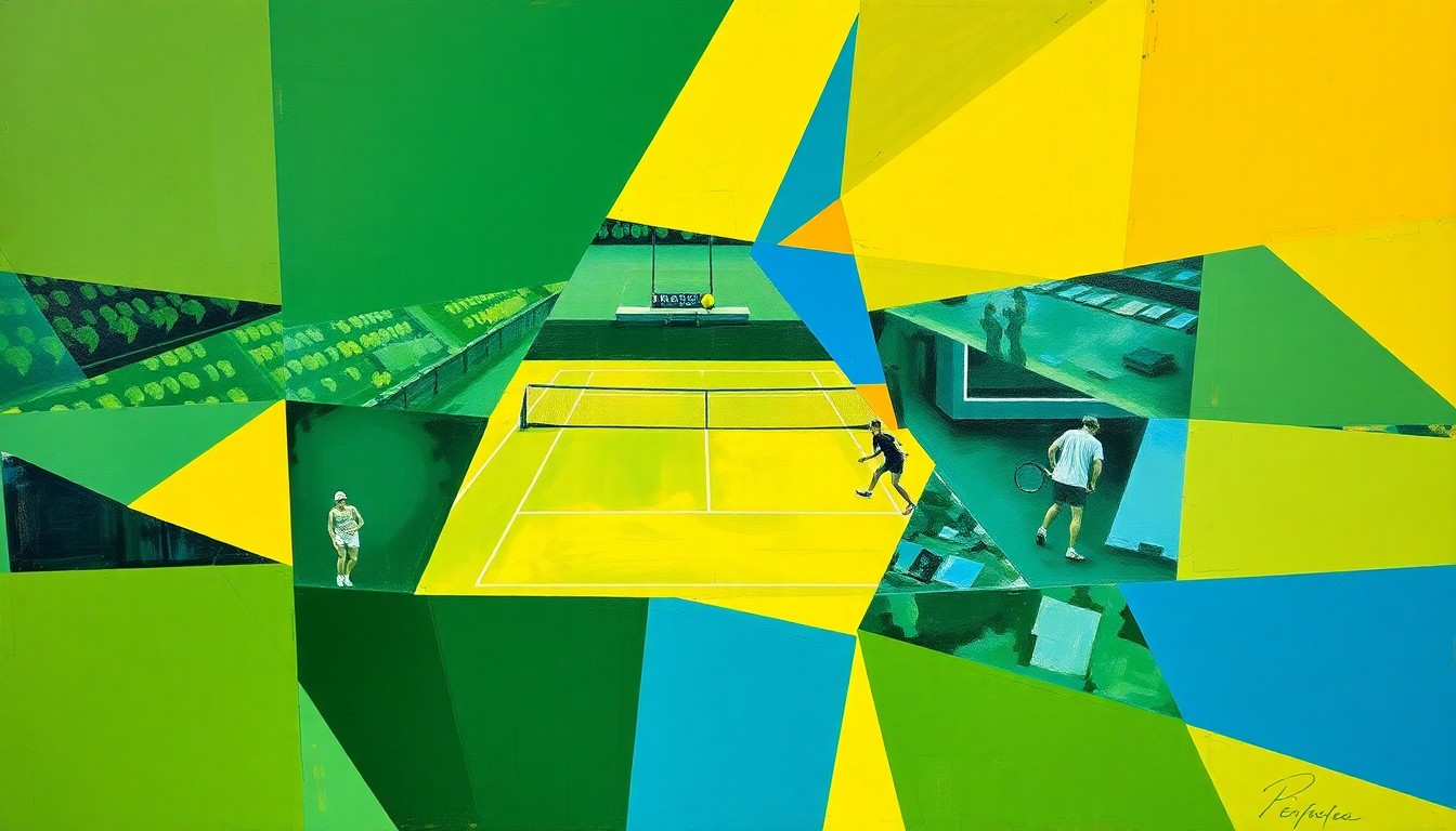 A cubist, geometric painting depicting a women's tennis match, with overlapping planes of green, yellow, and blue representing the dynamic movements and intense competition of the sport.