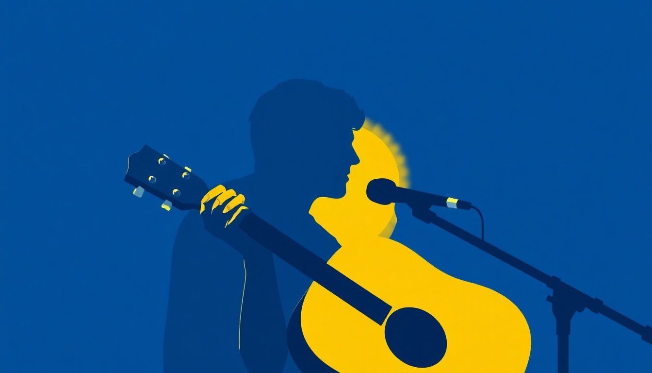 A striking abstract composition of geometric shapes in deep blue and bright yellow, conceptually representing the intimate, vulnerable nature of a singer-songwriter performance.