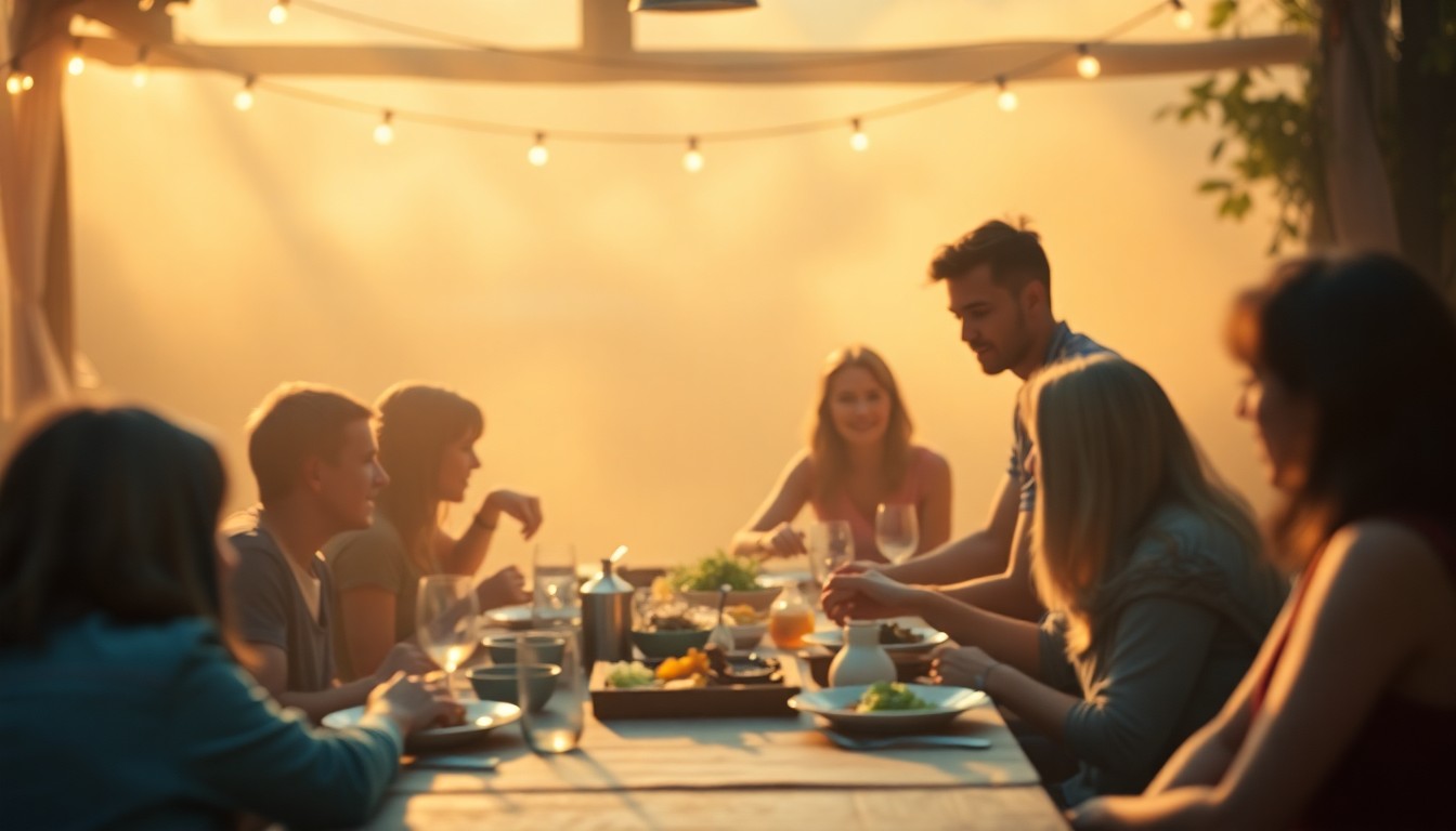 A blurred, impressionistic photograph showing the warm, communal atmosphere of the Gaylord Nelson Earth Green Award event, with people gathered around a table and enjoying each other's company in a softly lit setting.