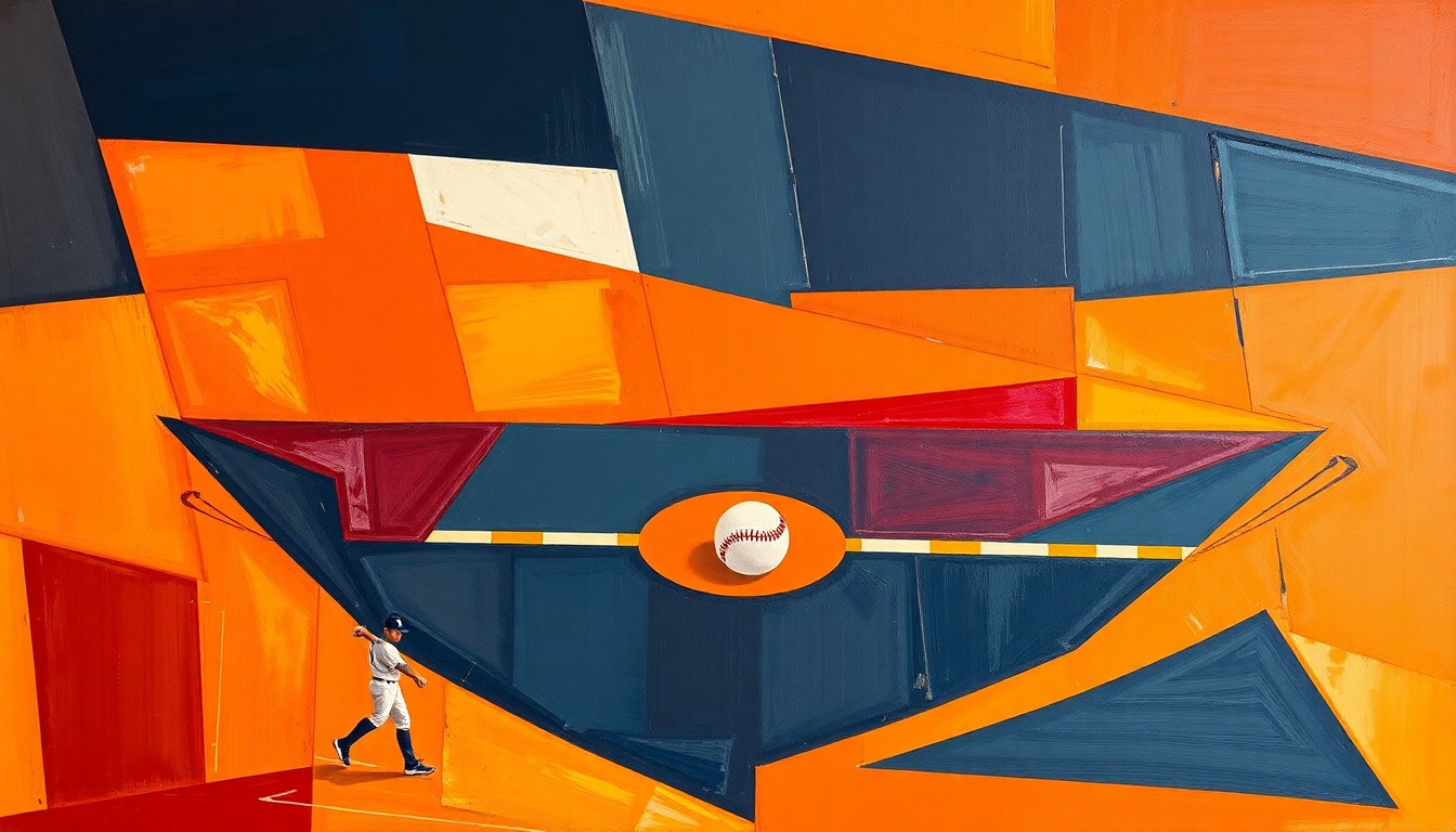 A cubist-style painting featuring sharp, overlapping geometric shapes in shades of orange, red, and blue, conceptually representing the intense action and high stakes of the OU-Texas softball game.
