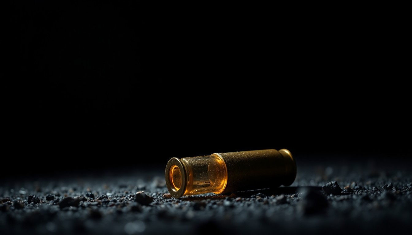 An extreme close-up photograph of a spent bullet casing on the ground, lit by a harsh, direct camera flash against a pitch-black background, conceptually illustrating the investigation into a shooting incident.